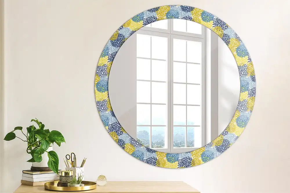 Oglinda rotundă cu ramă decorată cu imprimeu floral albastru