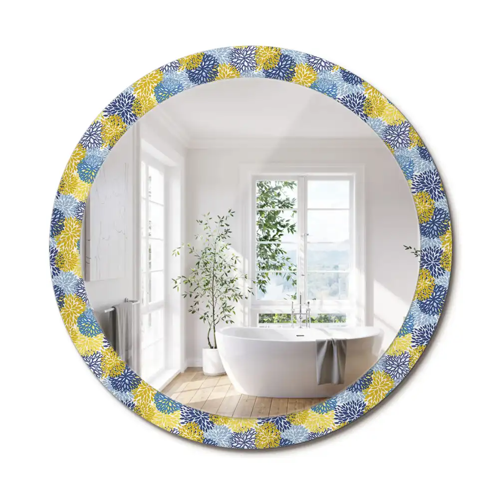 Oglinda rotundă cu ramă decorată cu imprimeu floral albastru