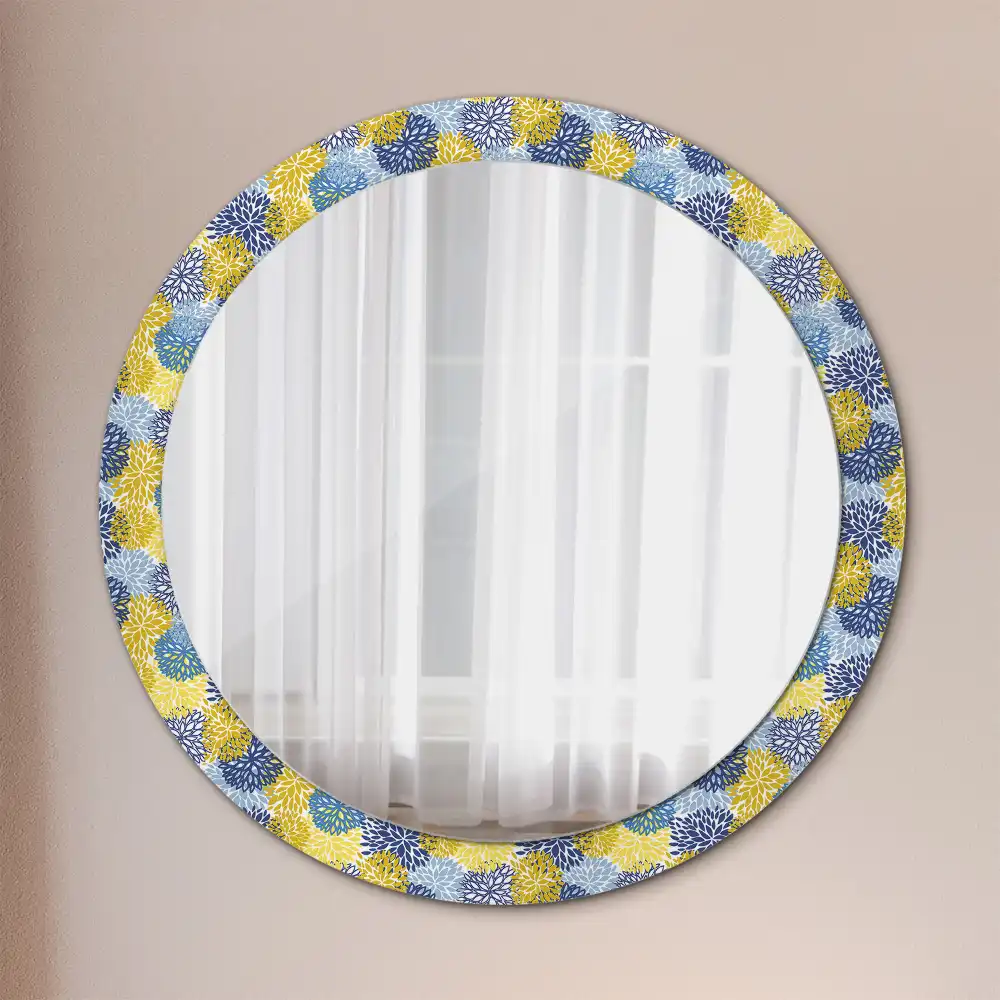 Oglinda rotundă cu ramă decorată cu imprimeu floral albastru