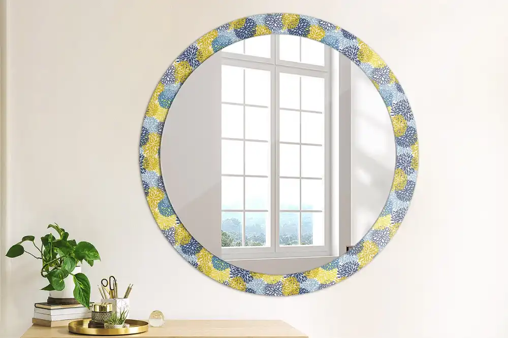 Oglinda rotundă cu ramă decorată cu imprimeu floral albastru