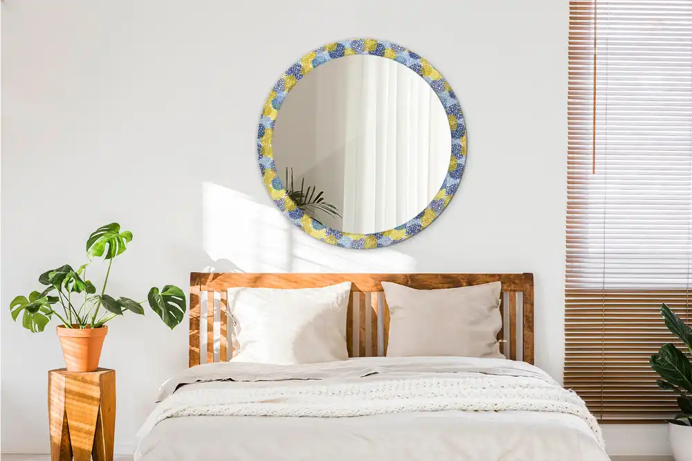 Oglinda rotundă cu ramă decorată cu imprimeu floral albastru