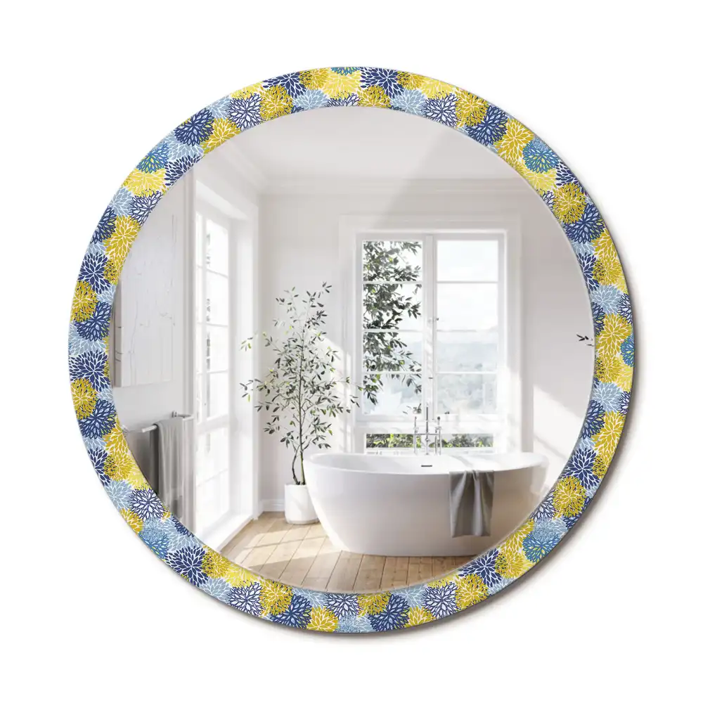 Oglinda rotundă cu ramă decorată cu imprimeu floral albastru