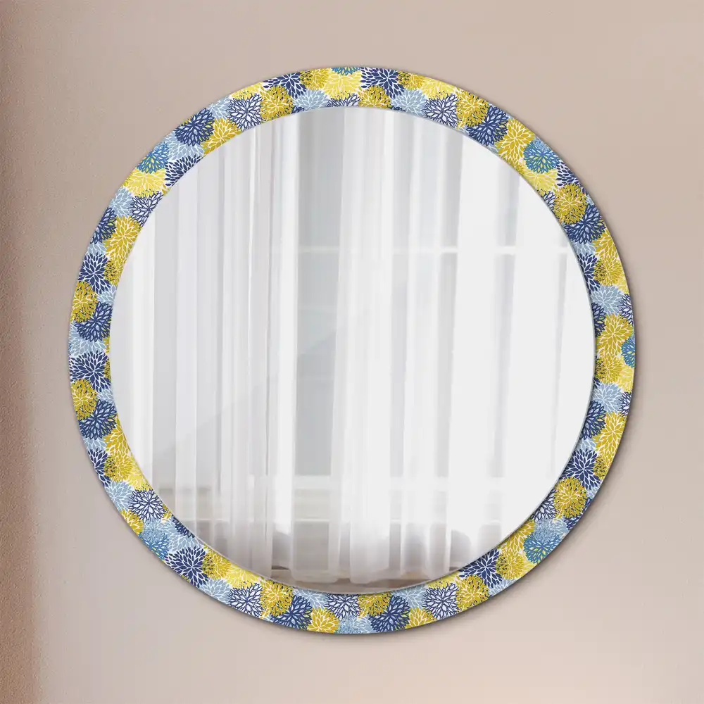 Oglinda rotundă cu ramă decorată cu imprimeu floral albastru