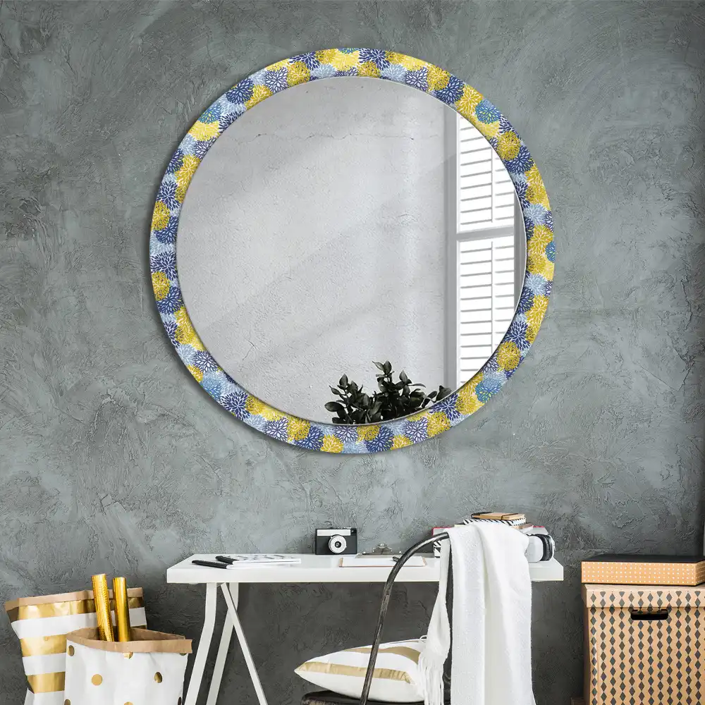 Oglinda rotundă cu ramă decorată cu imprimeu floral albastru