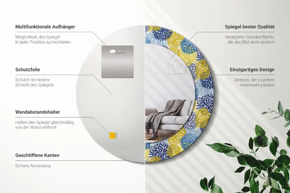 Oglinda rotundă cu ramă decorată cu imprimeu floral albastru