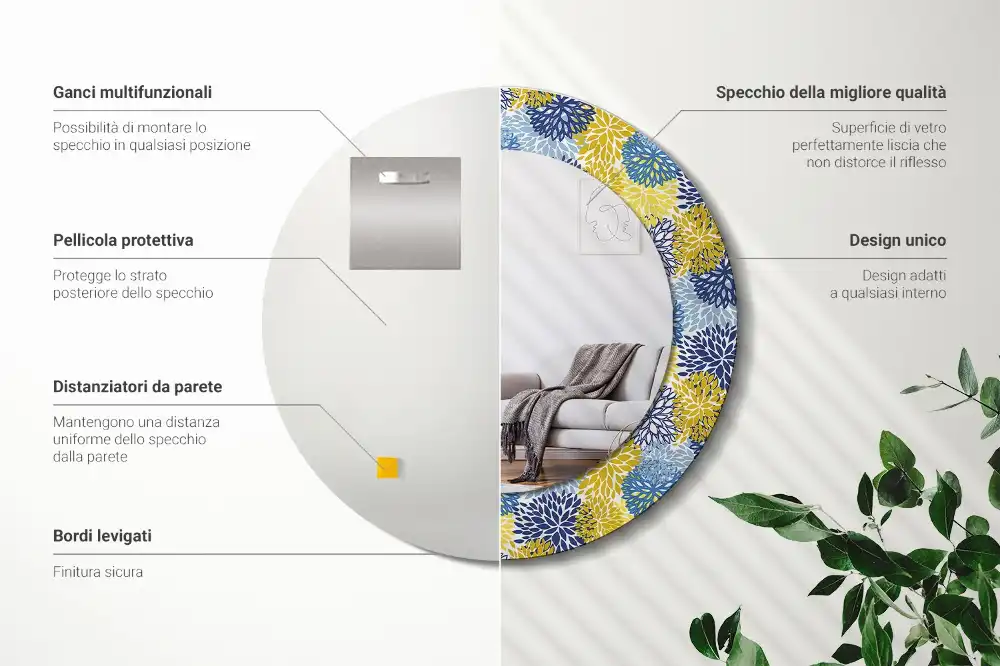 Oglinda rotundă cu ramă decorată cu imprimeu floral albastru