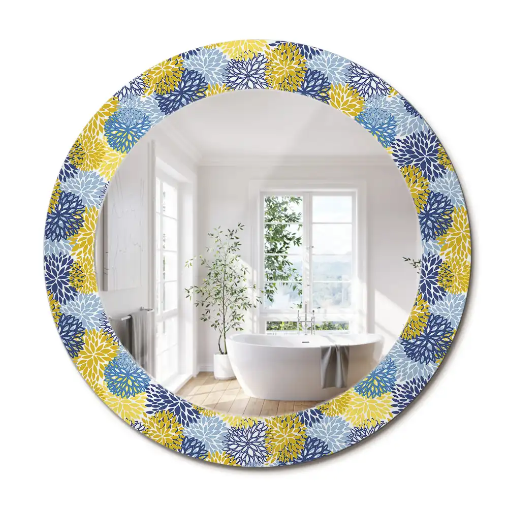 Oglinda rotundă cu ramă decorată cu imprimeu floral albastru