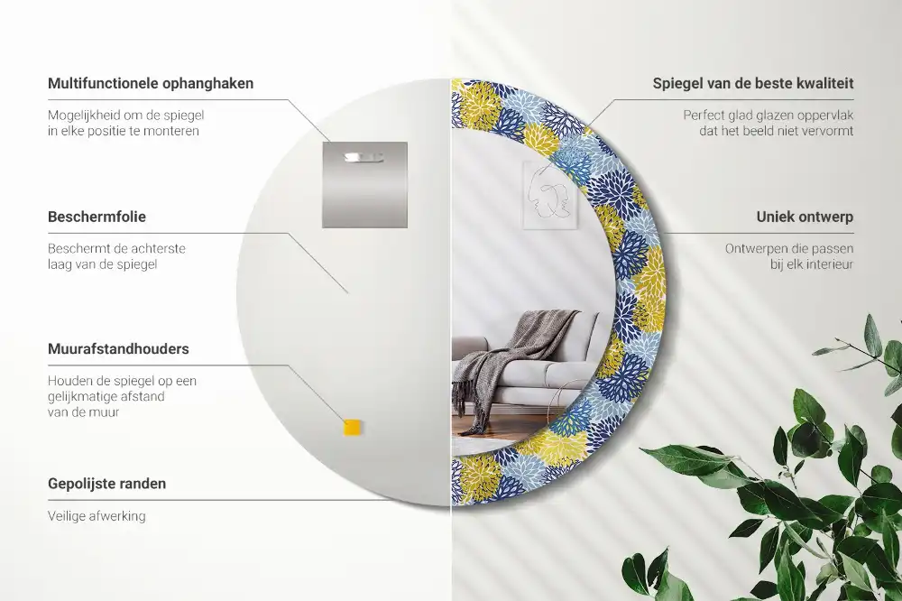 Oglinda rotundă cu ramă decorată cu imprimeu floral albastru