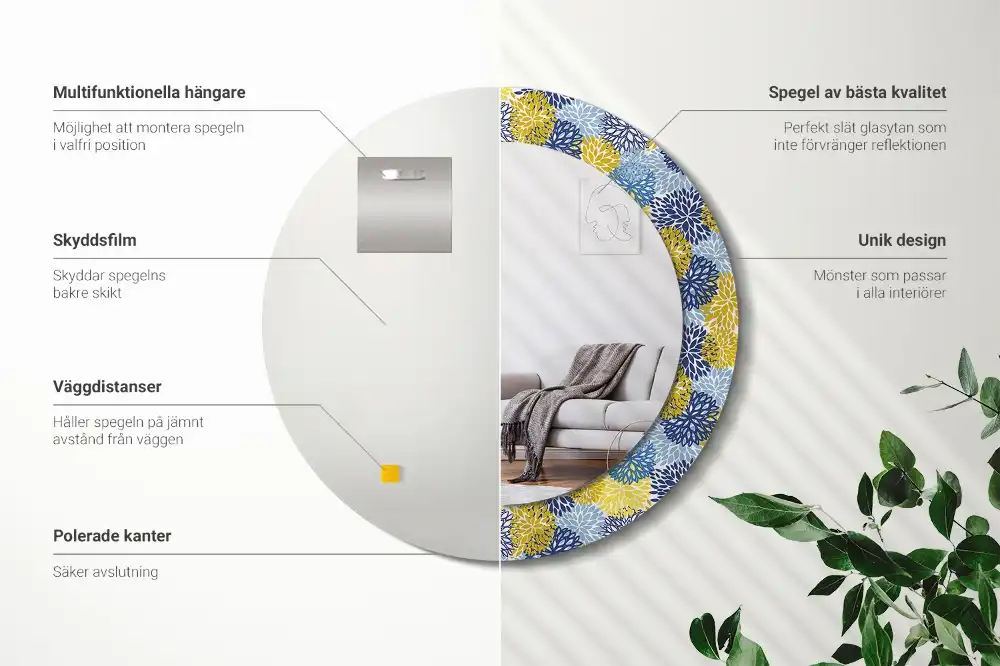 Oglinda rotundă cu ramă decorată cu imprimeu floral albastru