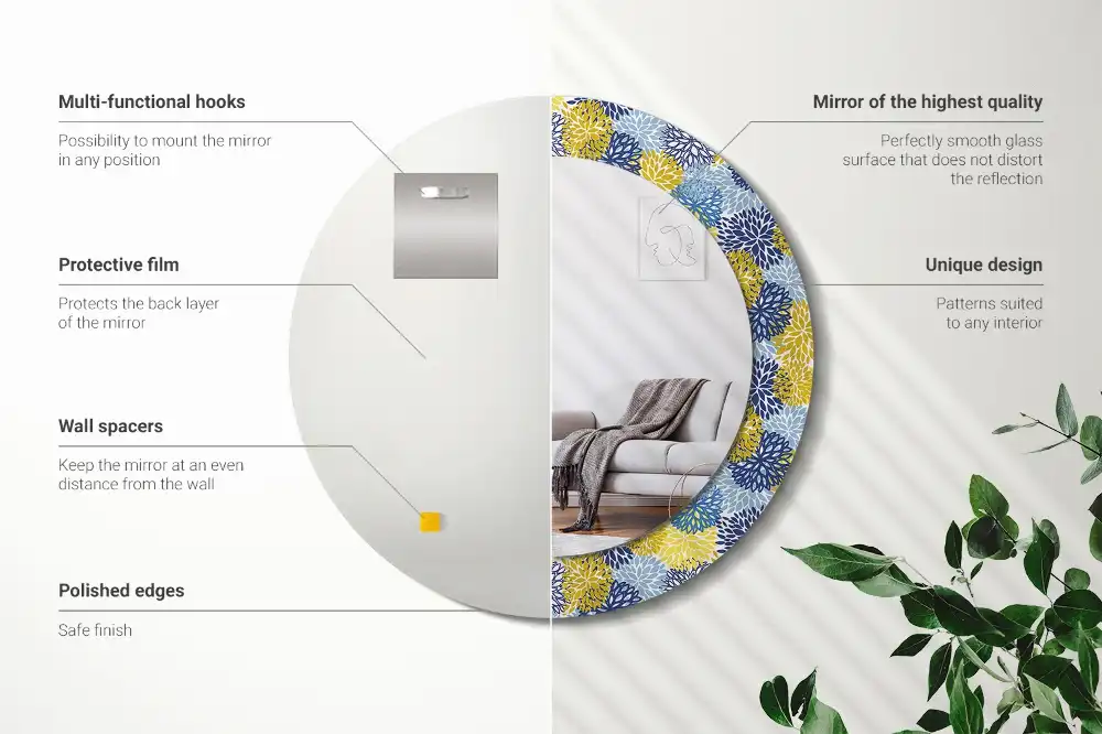 Oglinda rotundă cu ramă decorată cu imprimeu floral albastru