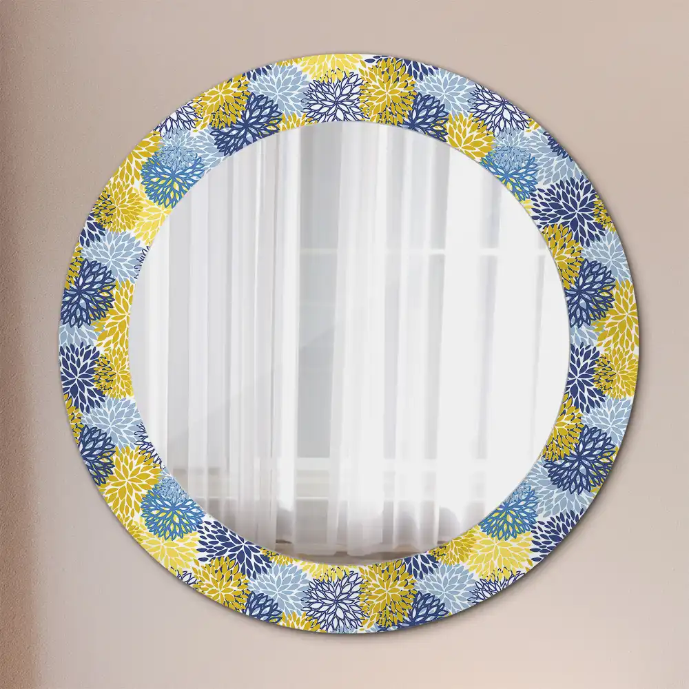Oglinda rotundă cu ramă decorată cu imprimeu floral albastru