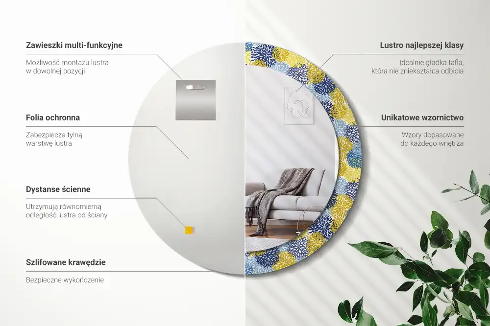 Oglinda rotundă cu ramă decorată cu imprimeu floral albastru