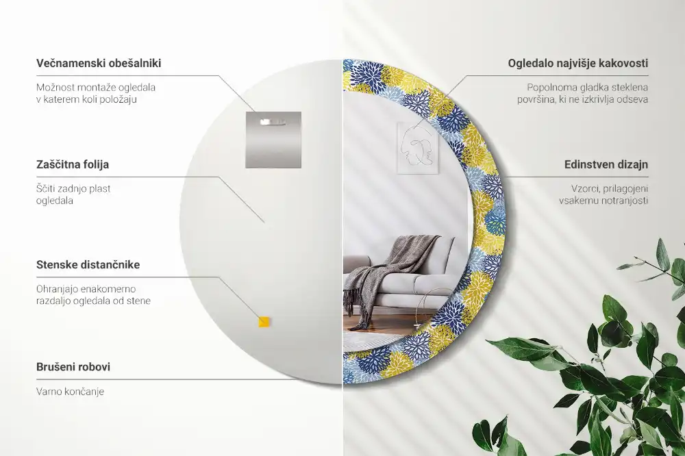 Oglinda rotundă cu ramă decorată cu imprimeu floral albastru