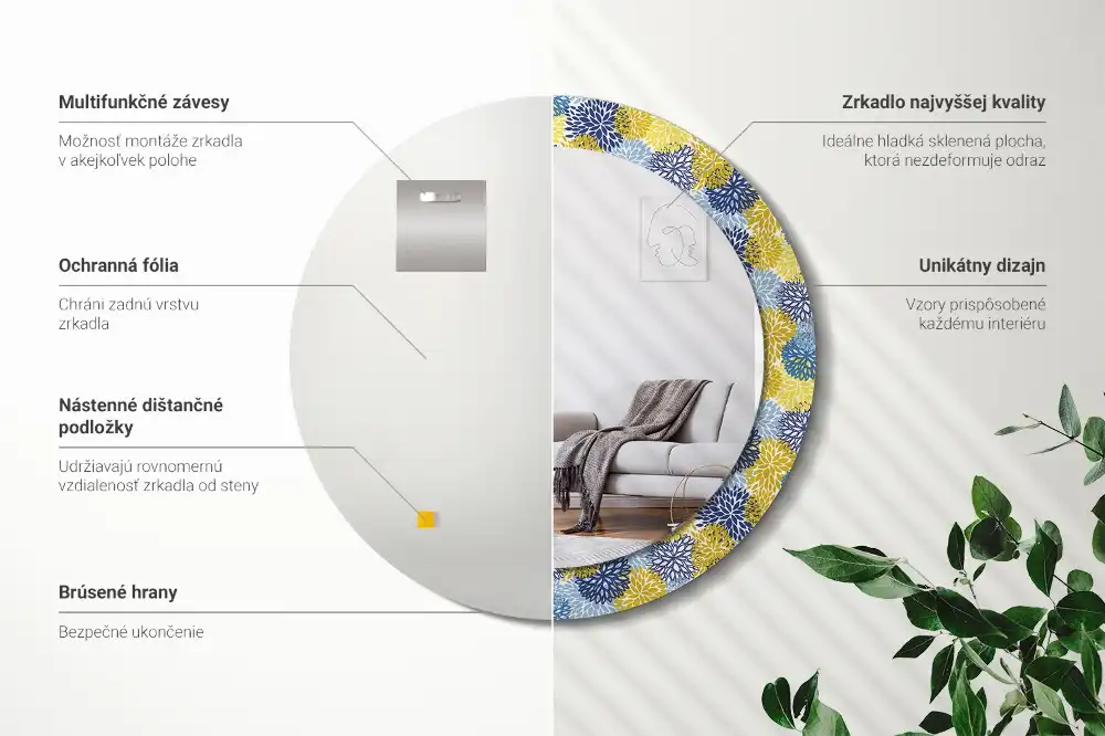Oglinda rotundă cu ramă decorată cu imprimeu floral albastru
