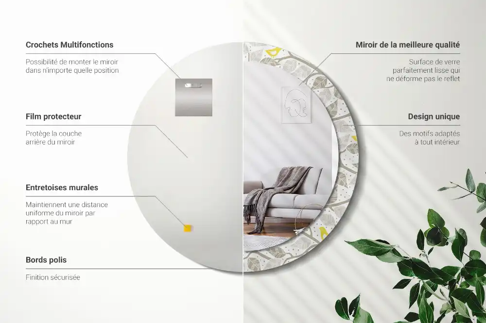Oglindă rotundă decorativă de perete cu păsări galbene pe ramuri
