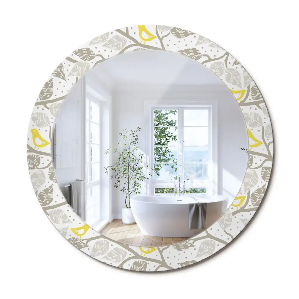 Oglindă rotundă decorativă de perete cu păsări galbene pe ramuri