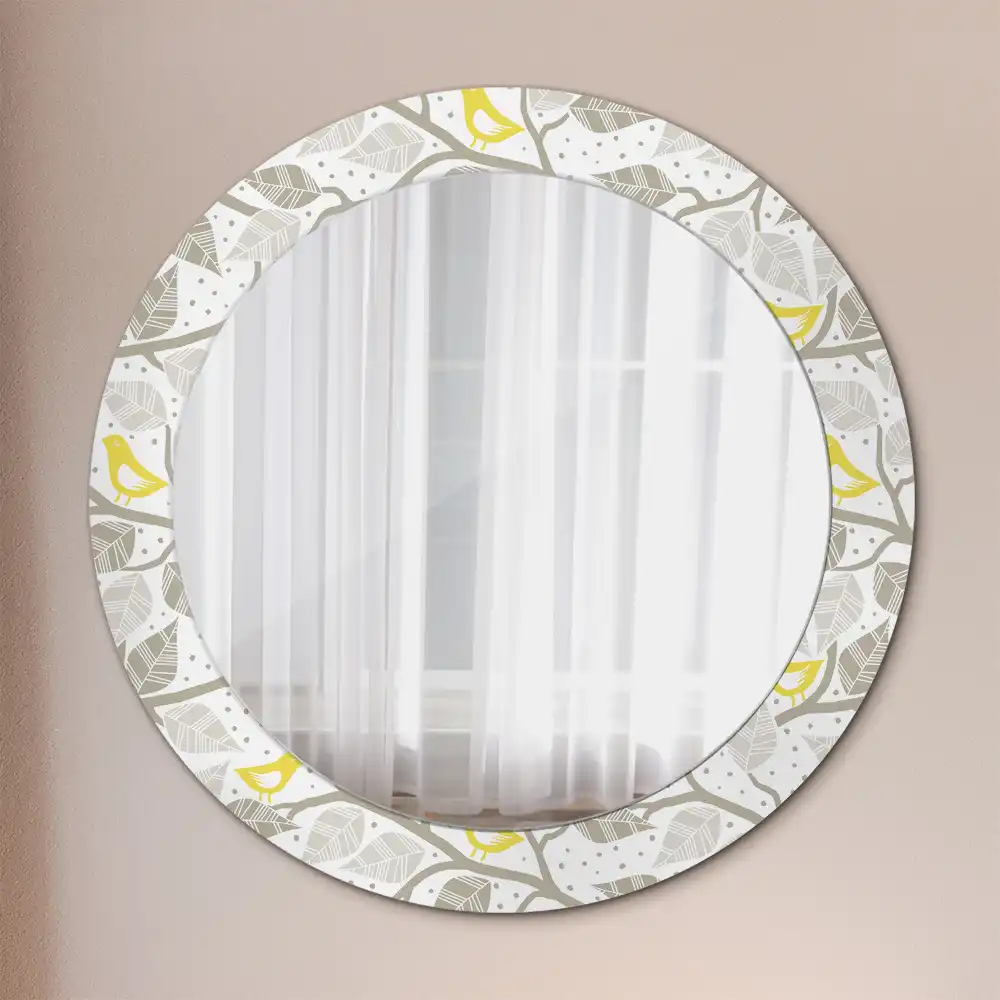 Oglindă rotundă decorativă de perete cu păsări galbene pe ramuri