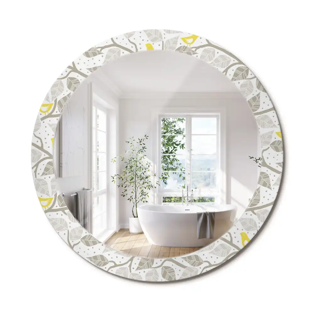 Oglindă rotundă decorativă de perete cu păsări galbene pe ramuri