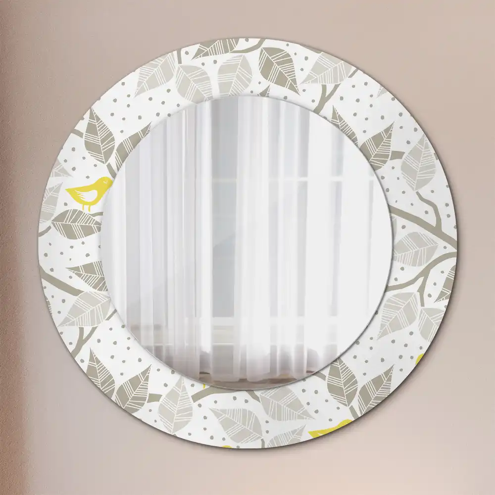 Oglindă rotundă decorativă de perete cu păsări galbene pe ramuri