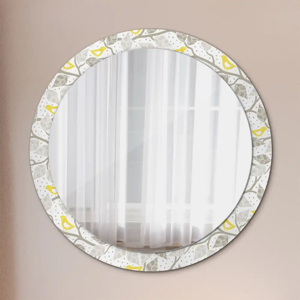 Oglindă rotundă decorativă de perete cu păsări galbene pe ramuri