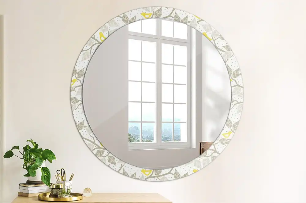 Oglindă rotundă decorativă de perete cu păsări galbene pe ramuri
