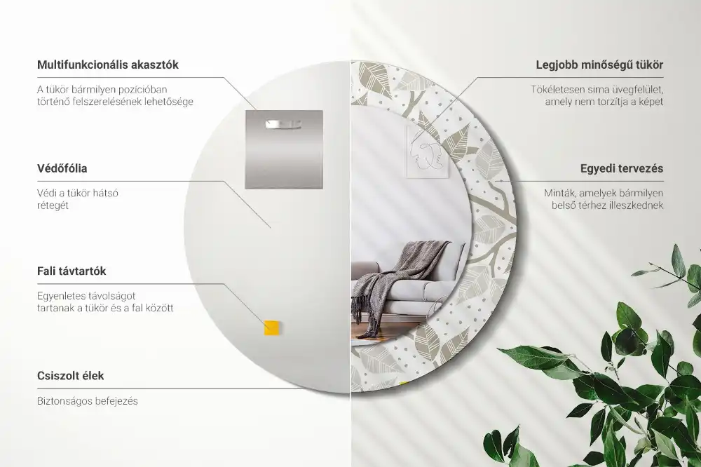 Oglindă rotundă decorativă de perete cu păsări galbene pe ramuri
