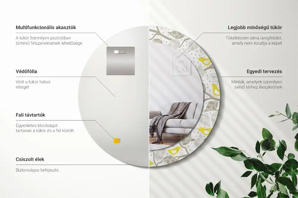 Oglindă rotundă decorativă de perete cu păsări galbene pe ramuri