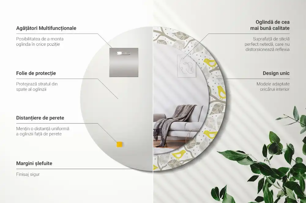 Oglindă rotundă decorativă de perete cu păsări galbene pe ramuri