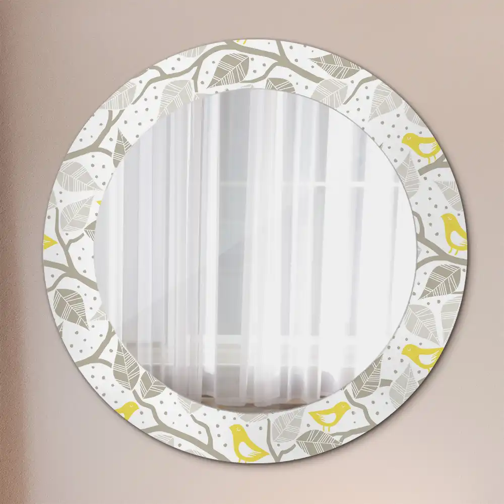 Oglindă rotundă decorativă de perete cu păsări galbene pe ramuri