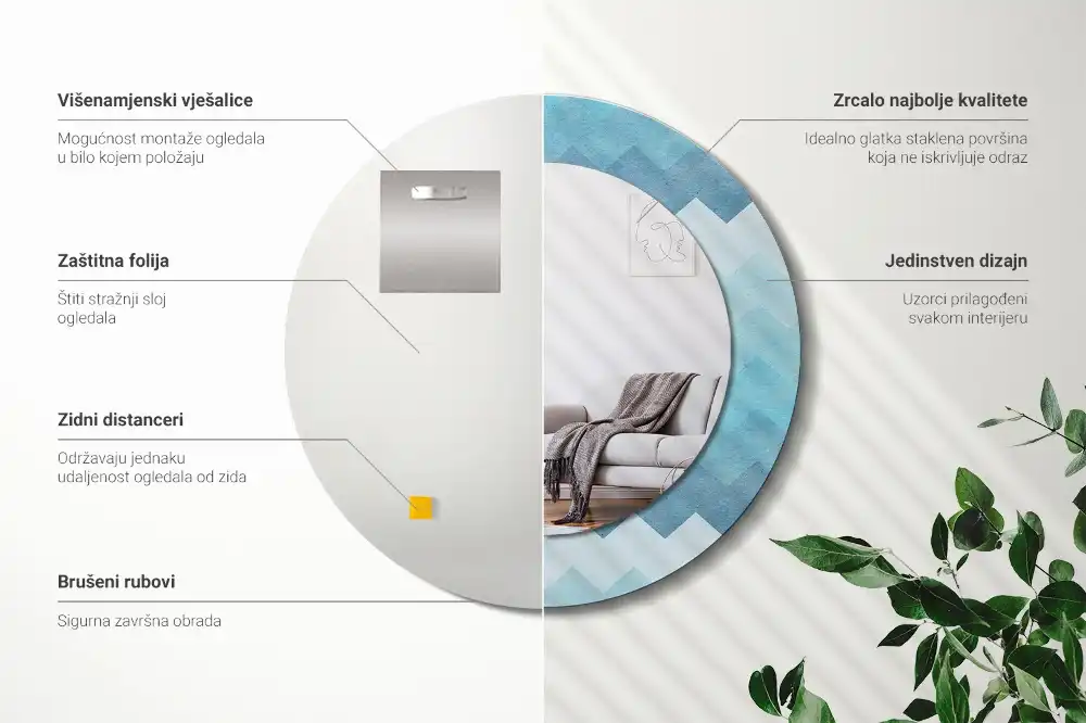 Oglindă rotundă cu ramă cu imprimeu chevron albastru