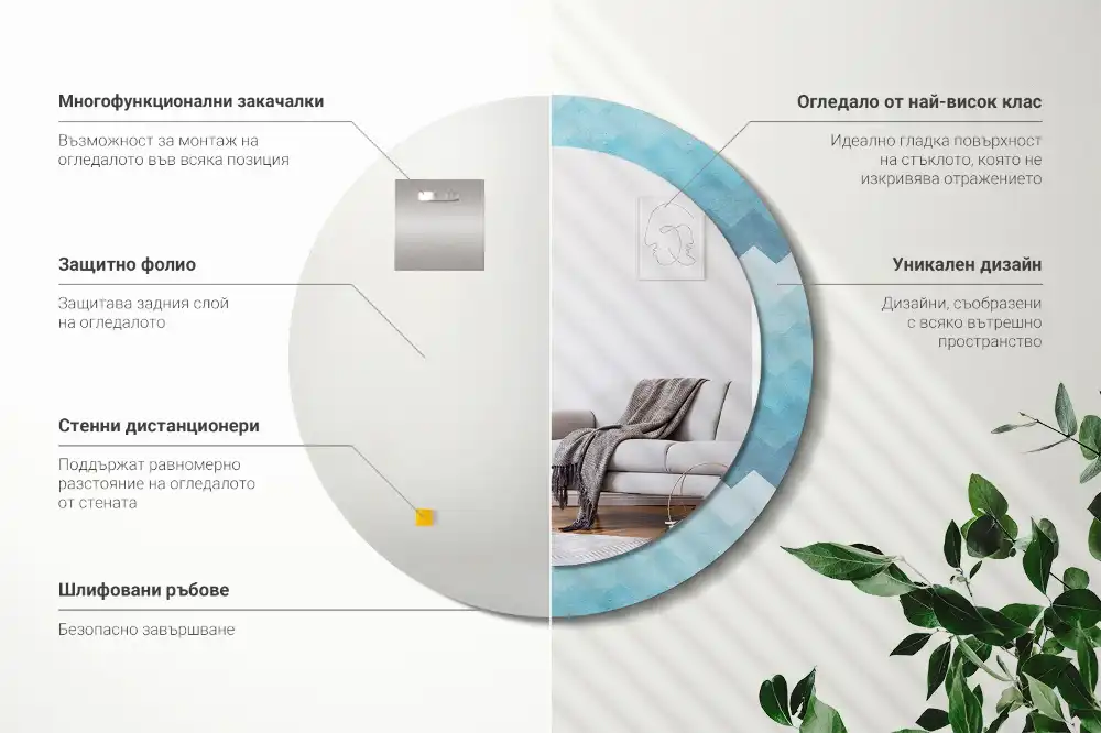 Oglindă rotundă cu ramă cu imprimeu chevron albastru