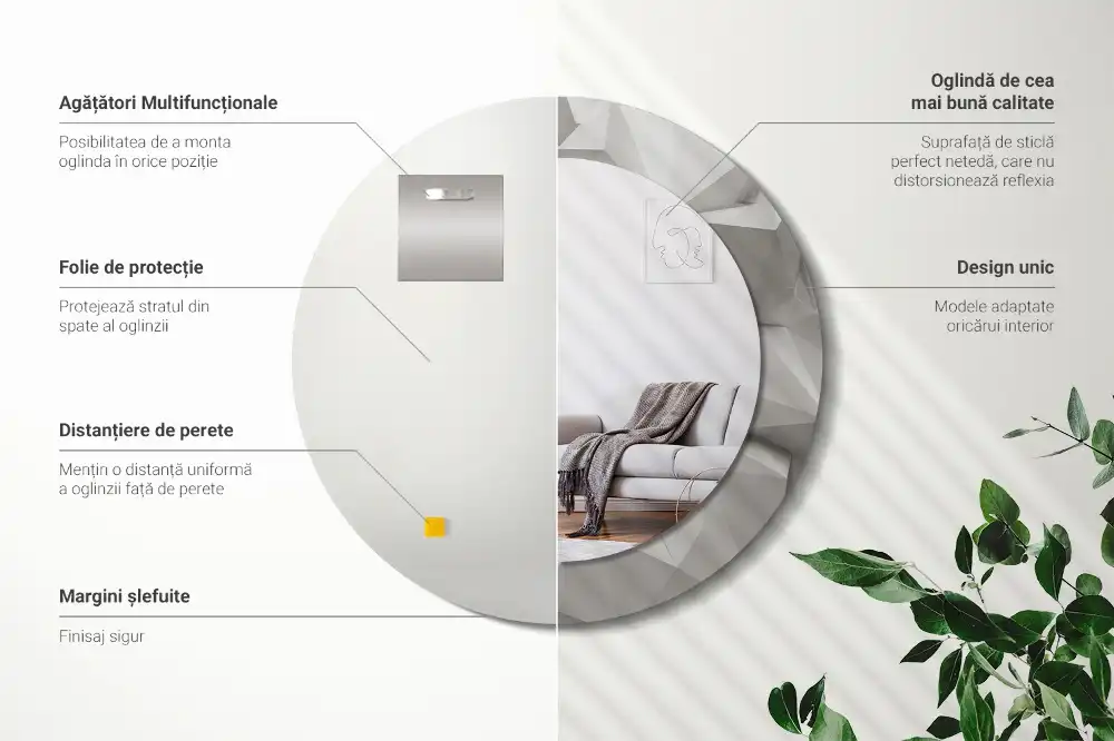 Oglindă decorativă rotundă cu design abstract din cristal alb