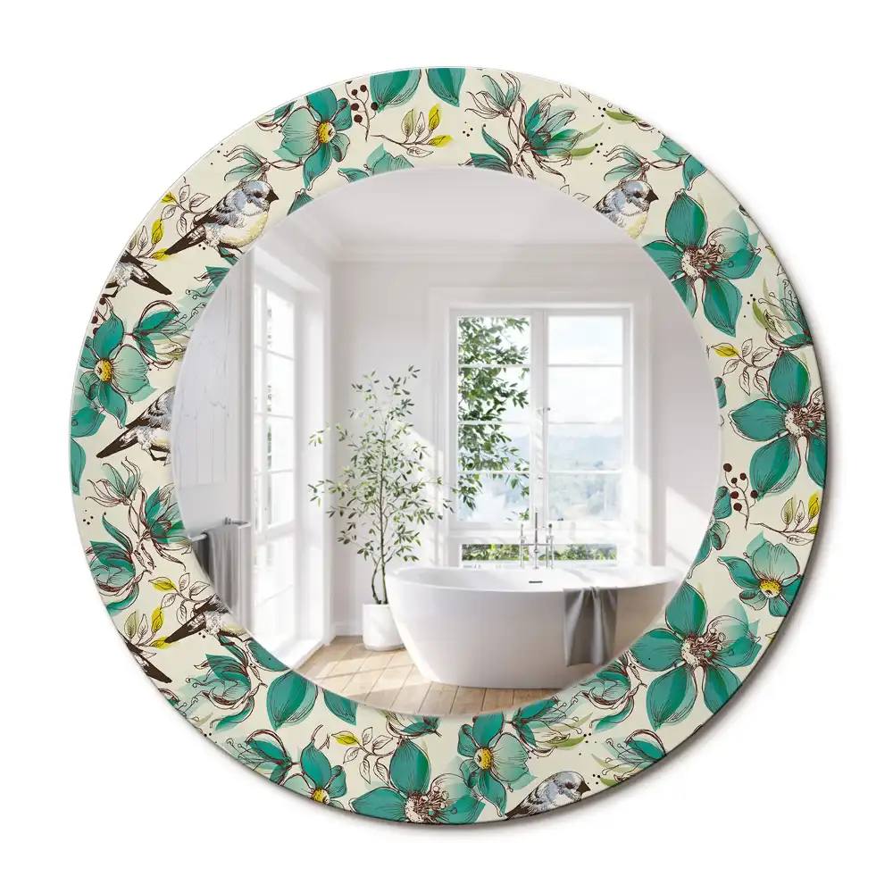 Oglindă rotundă de perete decorată cu flori și păsări