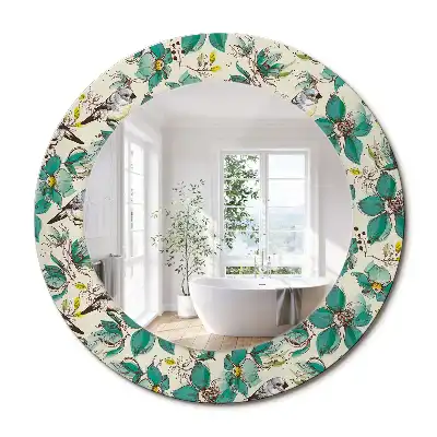 Oglindă rotundă de perete decorată cu flori și păsări