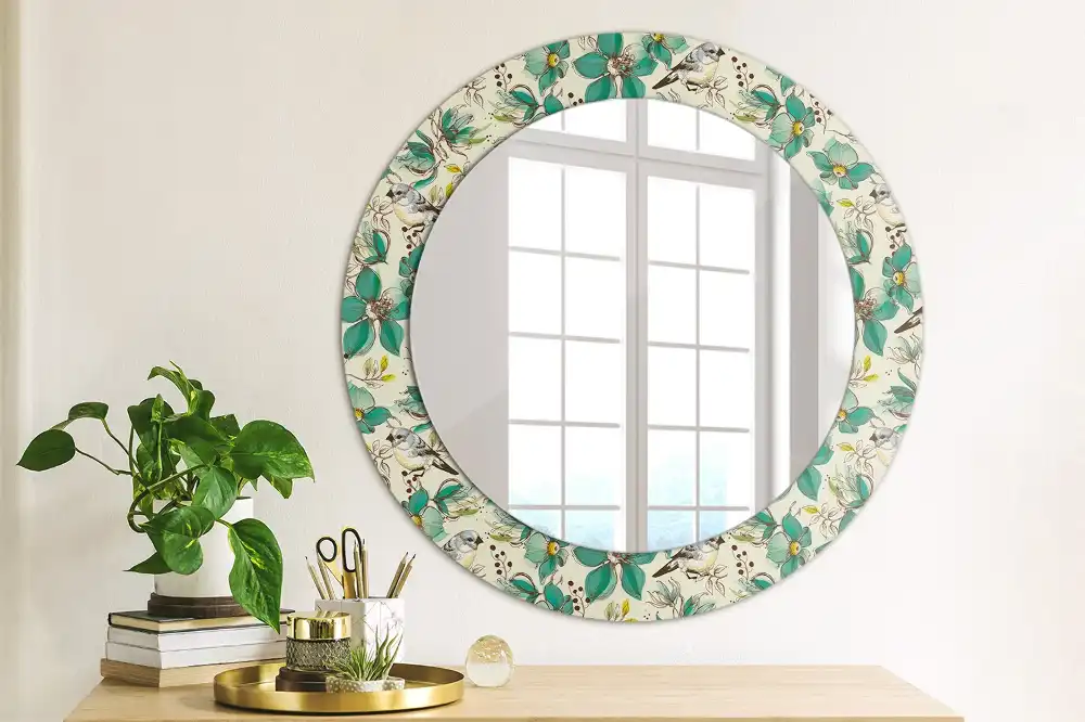 Oglindă rotundă de perete decorată cu flori și păsări