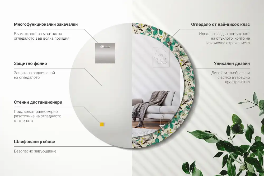 Oglindă rotundă de perete decorată cu flori și păsări