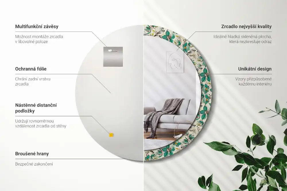 Oglindă rotundă de perete decorată cu flori și păsări