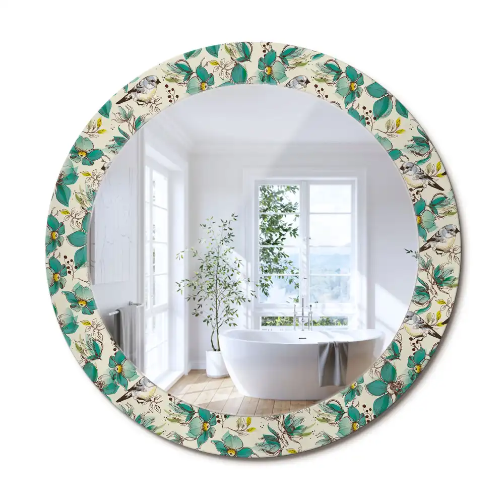 Oglindă rotundă de perete decorată cu flori și păsări