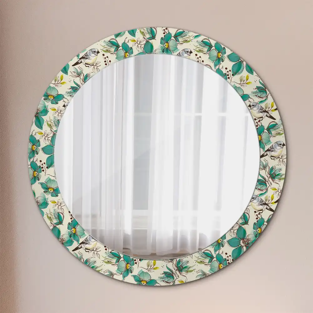 Oglindă rotundă de perete decorată cu flori și păsări