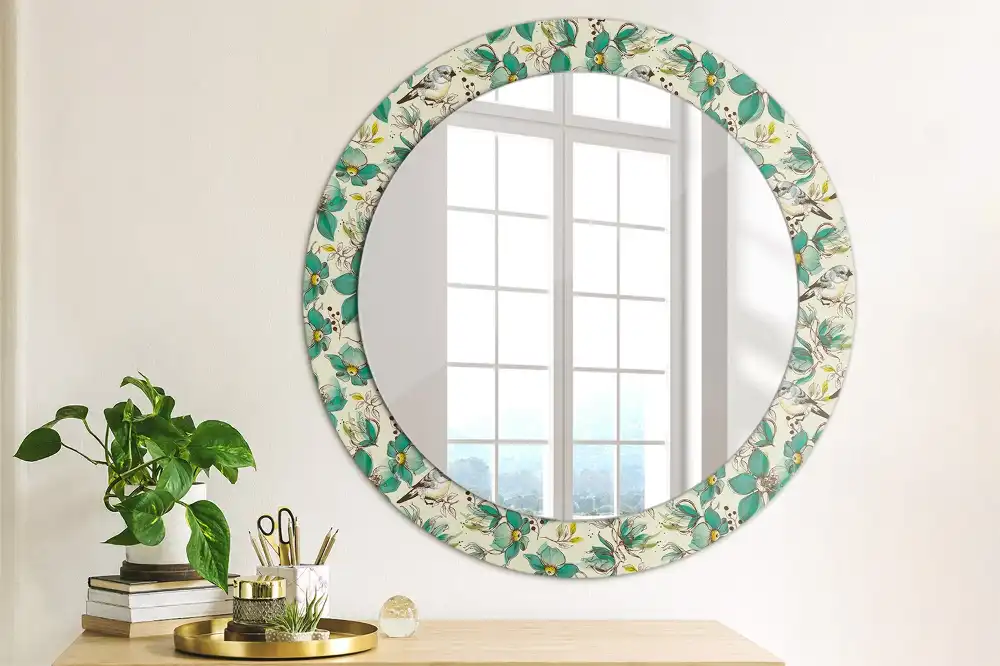 Oglindă rotundă de perete decorată cu flori și păsări