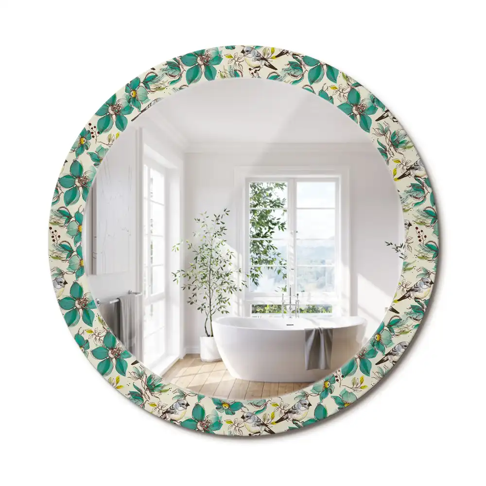 Oglindă rotundă de perete decorată cu flori și păsări