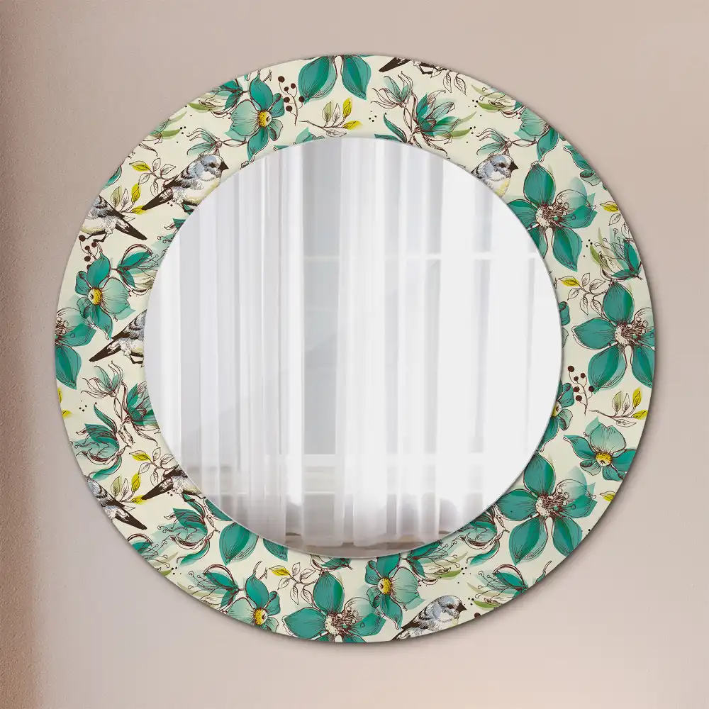 Oglindă rotundă de perete decorată cu flori și păsări