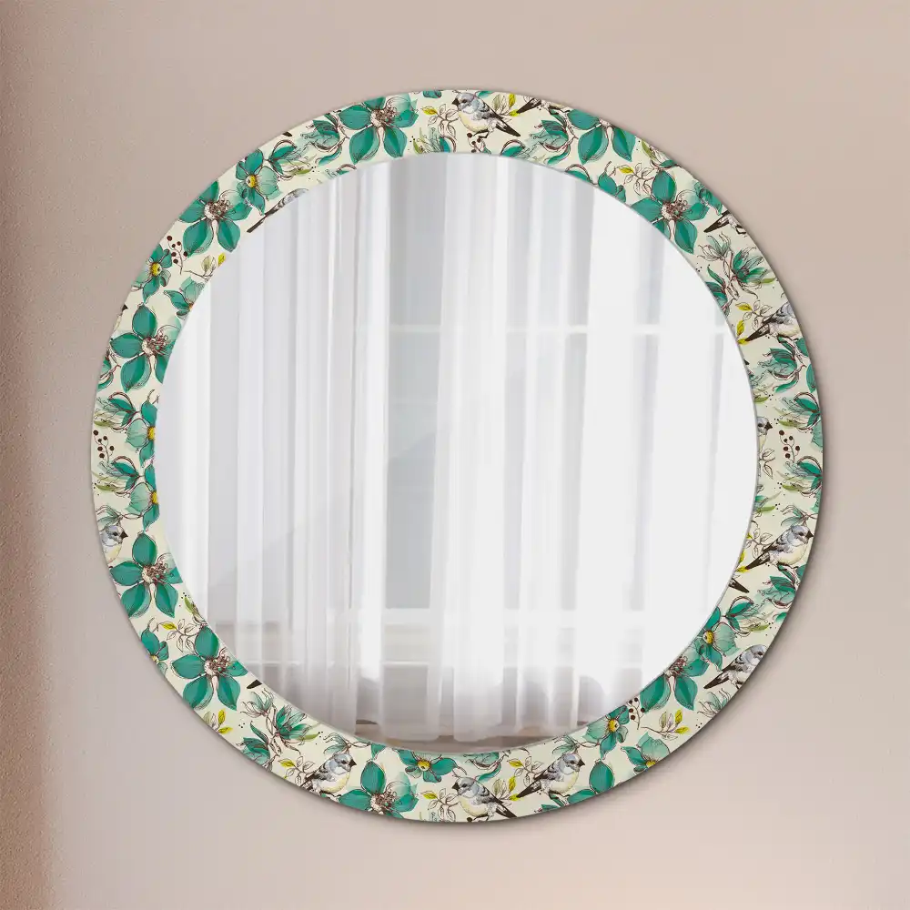 Oglindă rotundă de perete decorată cu flori și păsări