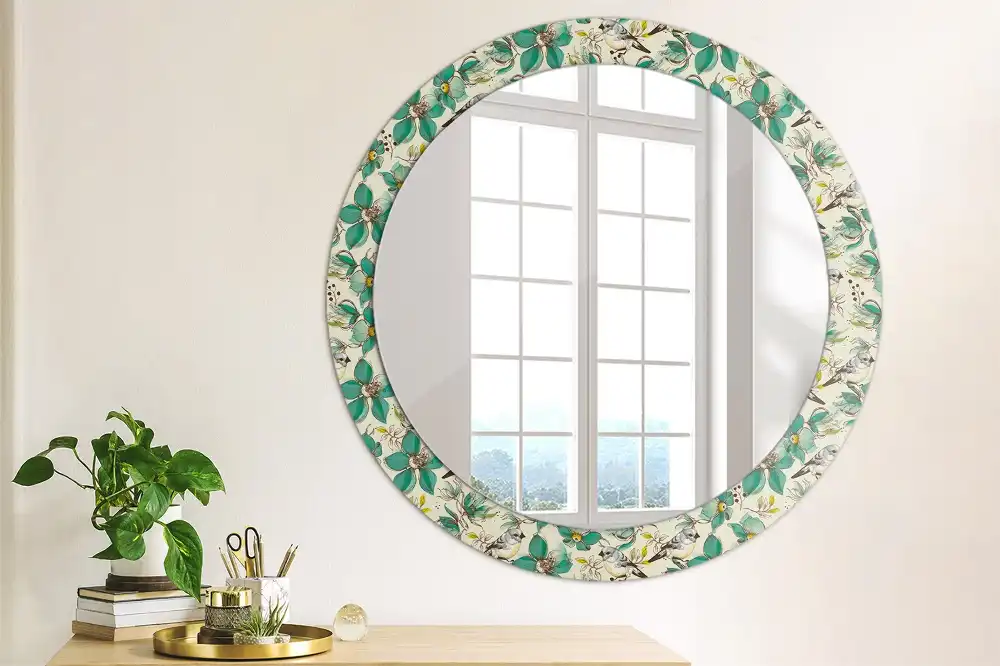 Oglindă rotundă de perete decorată cu flori și păsări