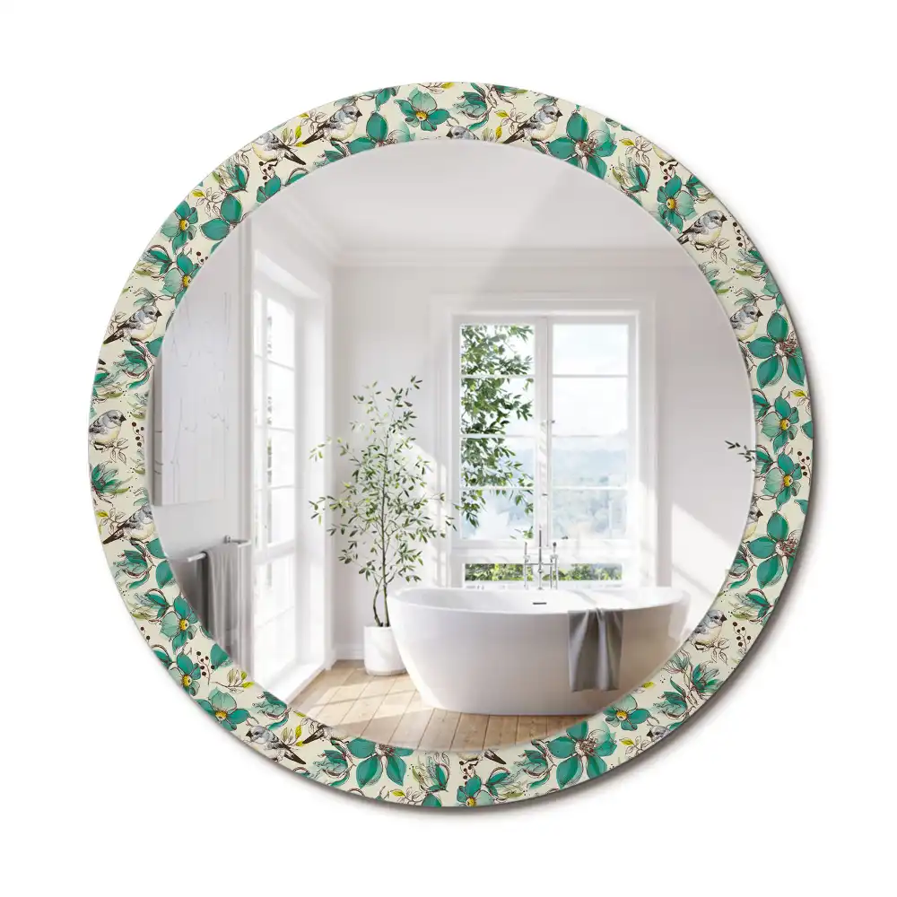 Oglindă rotundă de perete decorată cu flori și păsări
