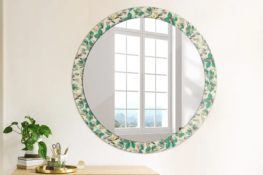 Oglindă rotundă de perete decorată cu flori și păsări