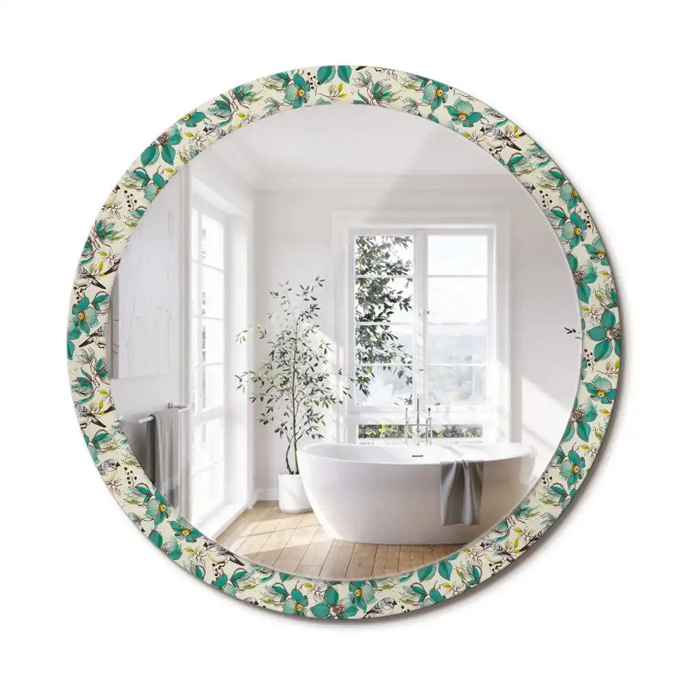 Oglindă rotundă de perete decorată cu flori și păsări