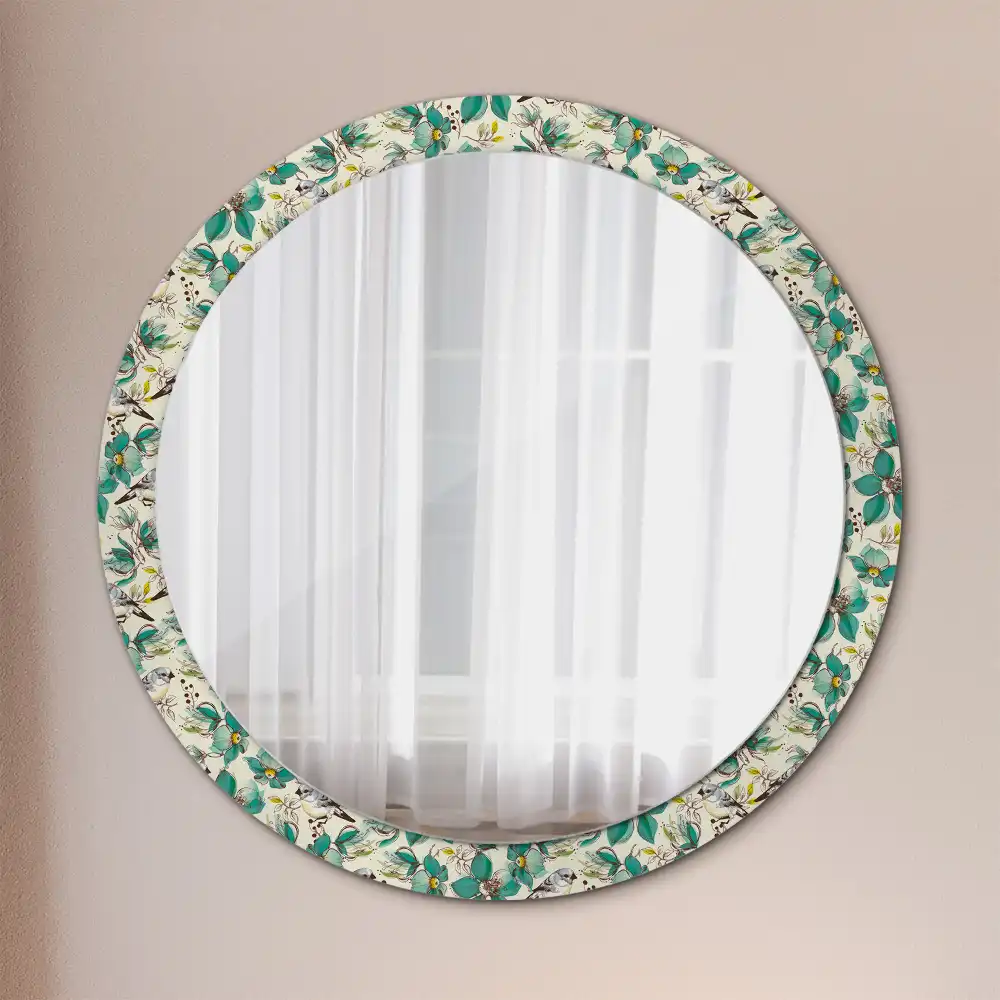 Oglindă rotundă de perete decorată cu flori și păsări