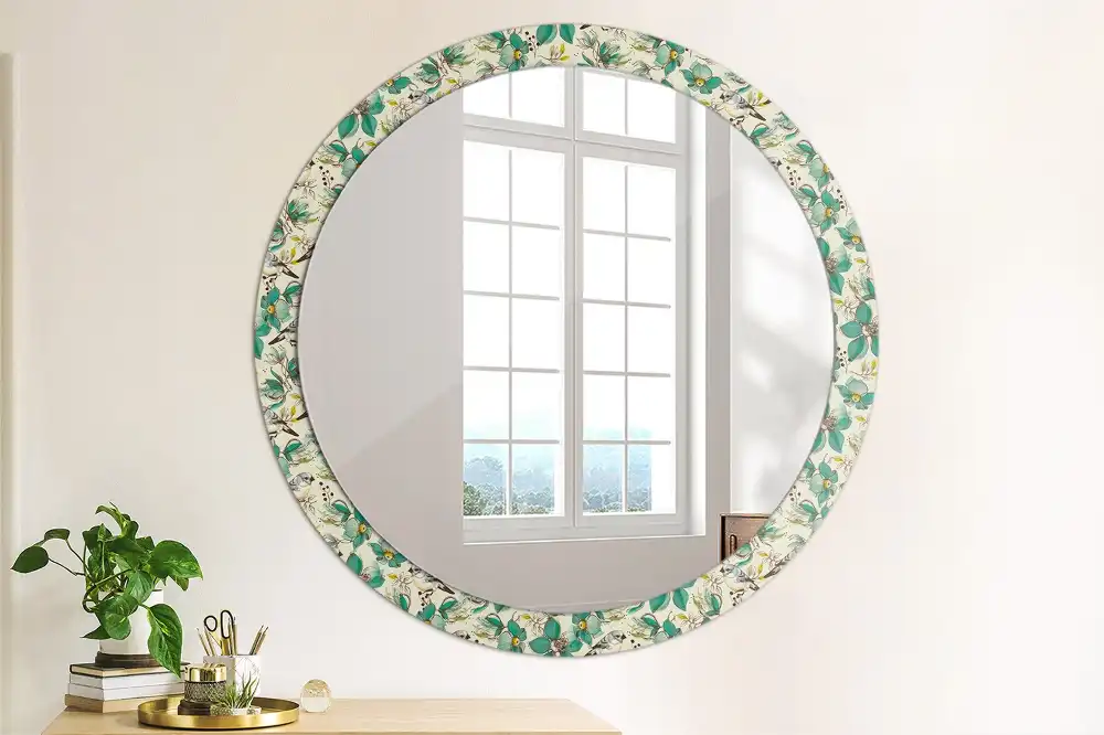 Oglindă rotundă de perete decorată cu flori și păsări