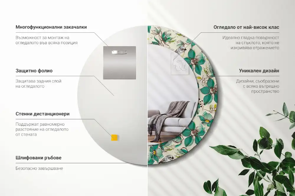 Oglindă rotundă de perete decorată cu flori și păsări